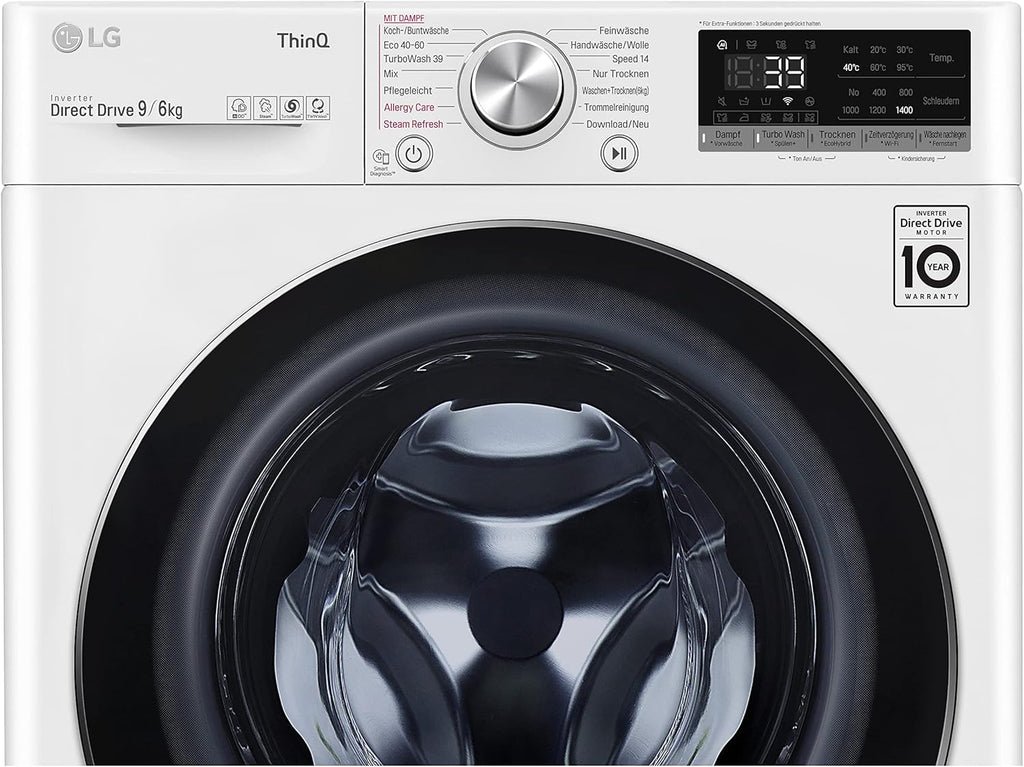 LG W4WR7096YB, Klasse D, Frontlader-Waschtrockner 9 - 6 kg, 62 x 60 x 85 cm, Wi-Fi, AI Direct Drive, Tiefenreinigung mit Dampf, TurboWash 360, Große Kapazität, Außentür aus gehärtetem Glas, Weiß