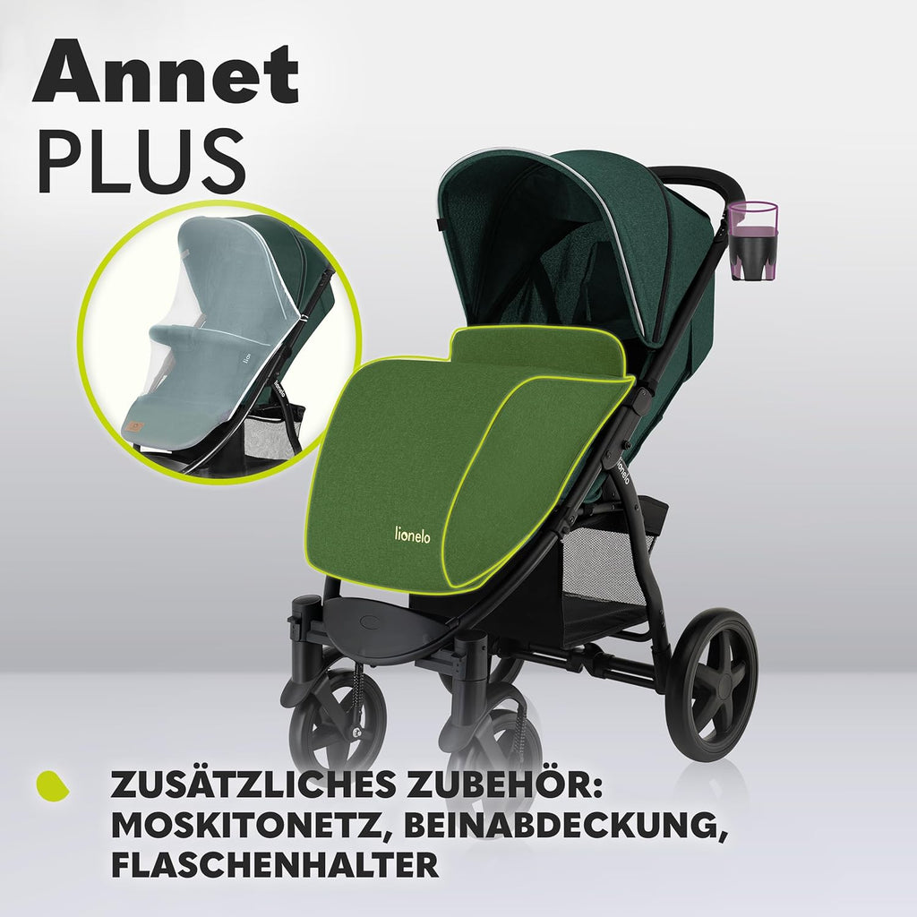 LIONELO Annet Plus Buggy bis 22 kg mit Liegefunktion, Kinderwagen klein zusammenklappbar mit Zubehör, Eva-Schaum-Räder, Moskitonetz, Fußdecke Getränkehalter, Korb