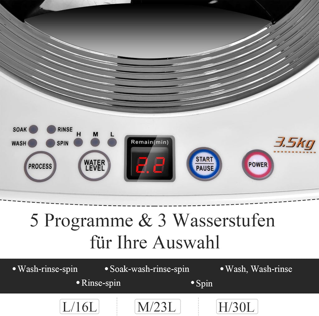 RELAX4LIFE Vollautomatische Waschmaschine 3,5 kg, Waschvollautomat mit Pump & Display, Toplader Miniwaschmaschine mit Schleuder & 6 Wasche-Modelle, 240W, für Camping & Wohnmobil, 43 x 43 x 75cm, Weiß