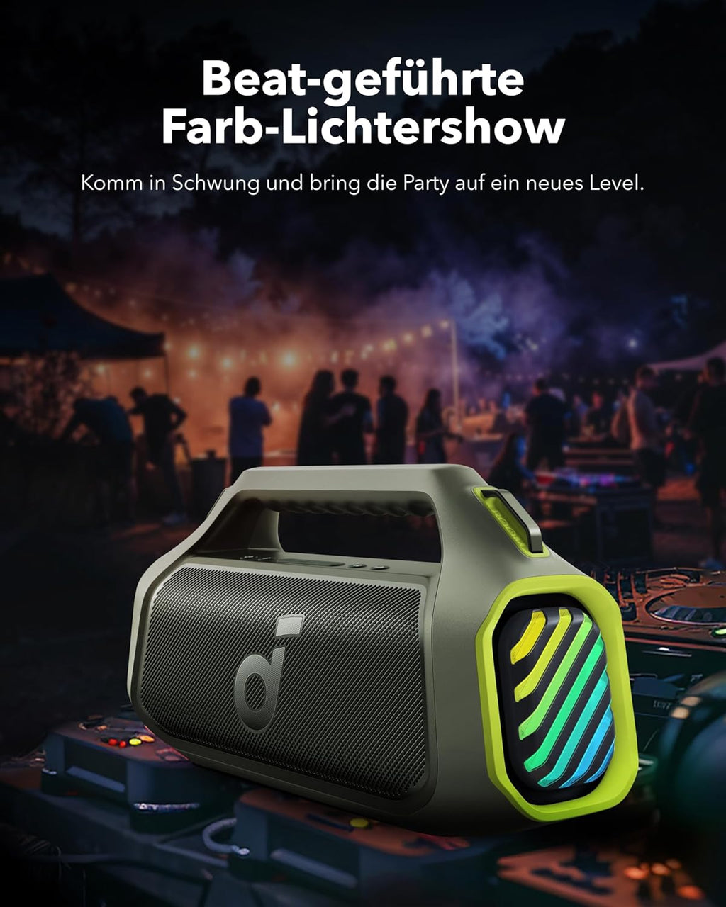 soundcore Boom 2 Plus Outdoor Lautsprecher, 140W, 2+2 Channel, BassUp 2.0, 20h, Schnellladung, IPX7 wasserdicht, RGB Lichter, USB-C, Power Bank, BT 5.3, tragbarer Bluetooth Lautsprecher, Camping