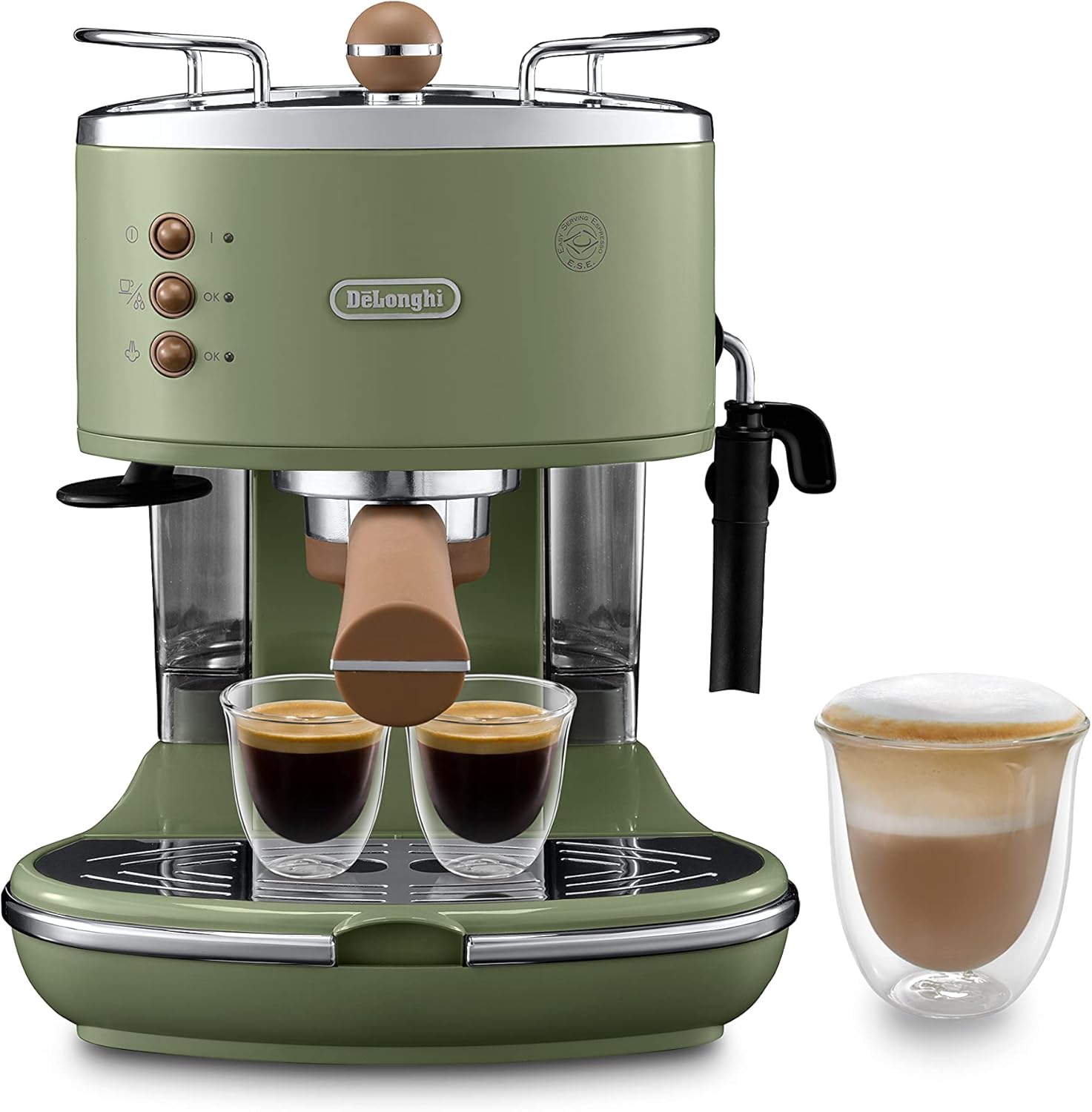 De'Longhi Icona Vintage ECOV 311.GR – Espresso Siebträgermaschine im RetroLook, Espressomaschine mit manuellem Milchaufschäumer, für Kaffeepulver oder ESE Pads, 1,4 l Wassertank, grün