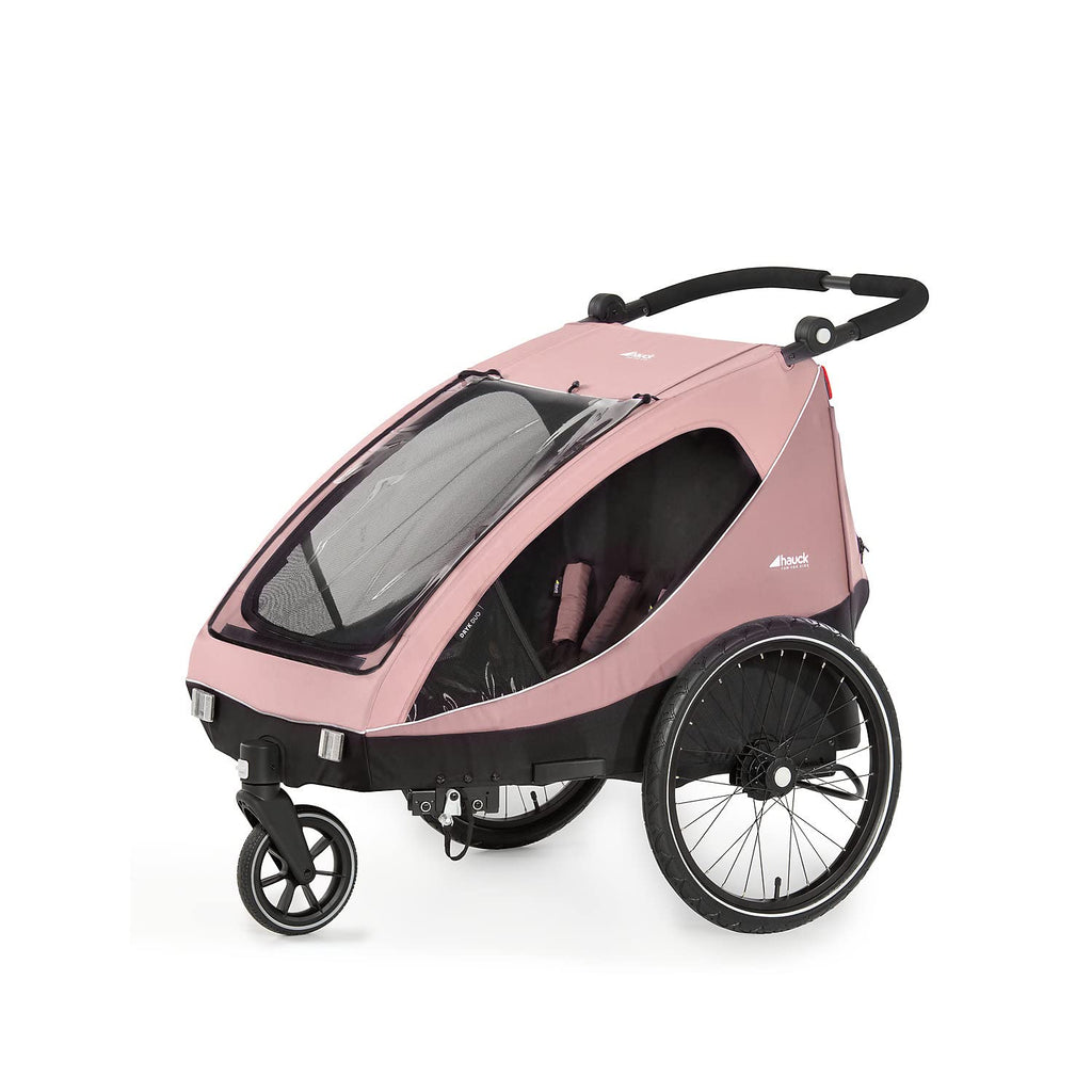 hauck Fahrradanhänger & Kinderwagen Dryk Duo Plus mit Federung, für 2 Kinder (6-48 Monate), inkl. Deichsel, Buggyrad, Fahne und LED Licht, Faltbar, Höhenverstellbar, XL Kofferaum (Dark Green)