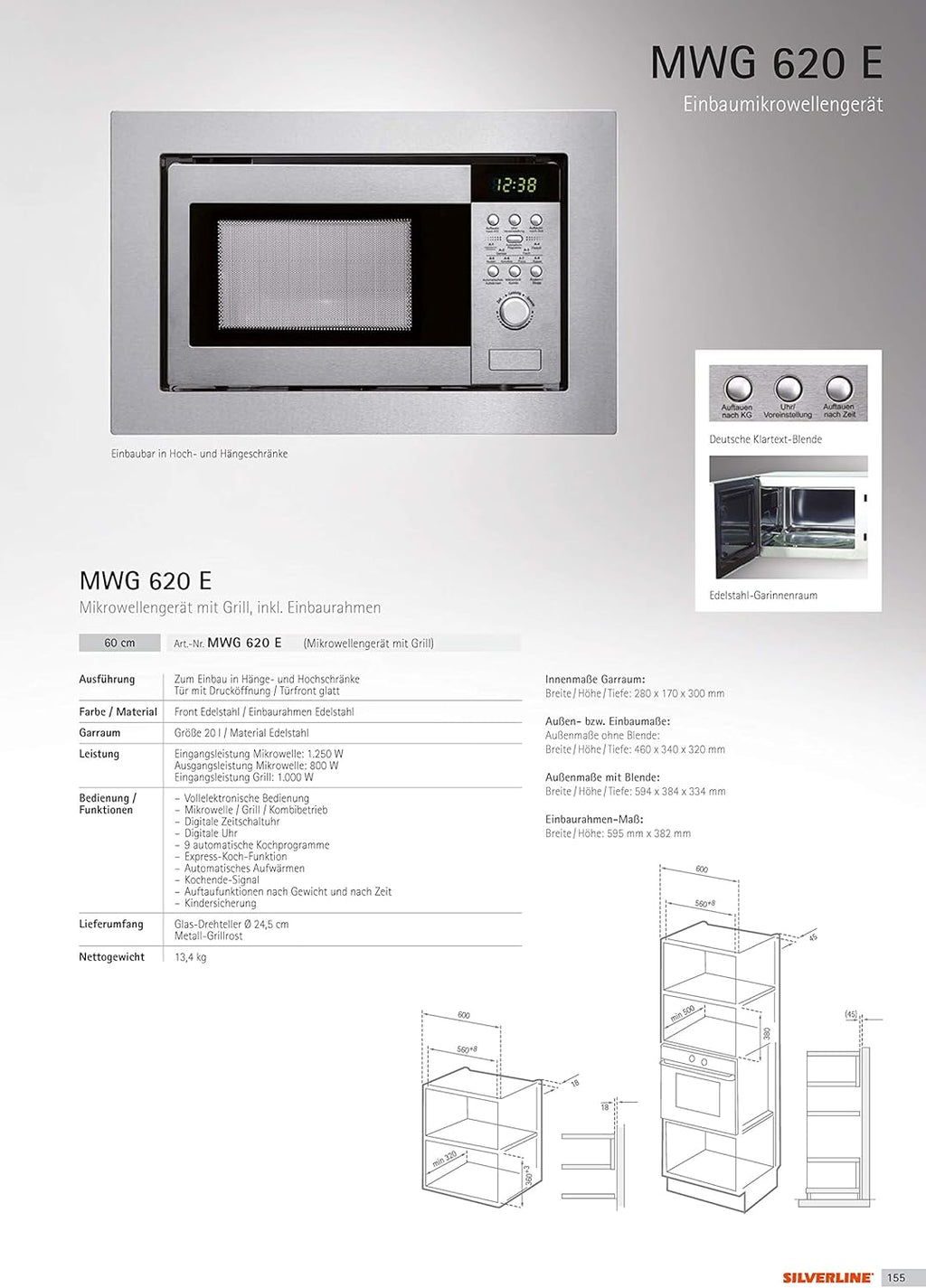 SILVERLINE MWG 620 E Einbaumikrowellengerät/Mikrowelle (Einbau) / 59.4 cm/Einbaubar in Hoch- und Hängeschränke