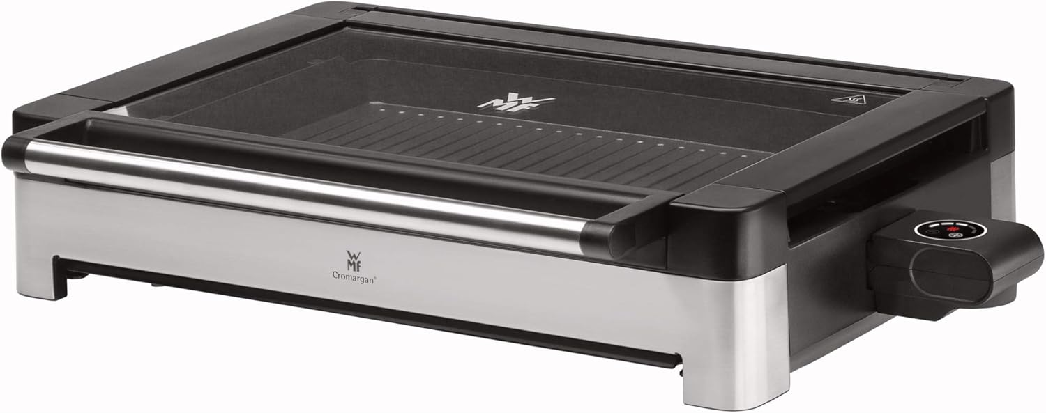 WMF Lono Tischgrill elektrisch mit Glasdeckel, beschichtete Grillplatte, herausnehmbare Auffangschale, spülmaschinenfest, Edelstahl matt, 2200 Watt