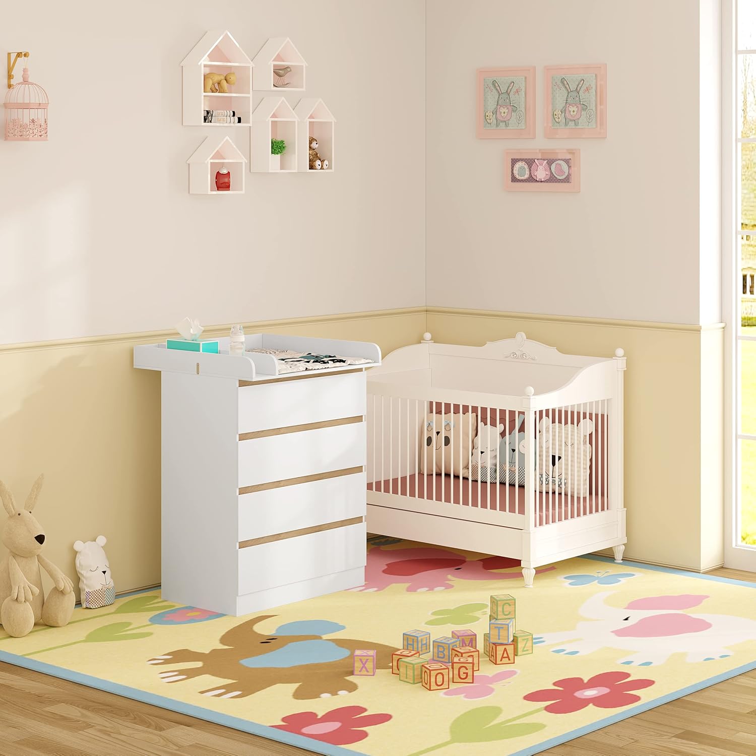 WOLTU Wickelkommode mit abnehmbarer Wickelaufsatz, Wickeltisch Baby, Wickelregal, Kommode mit 4 Schubladen, Höhe 110 cm, Weiß + Hochglanz Weiß
