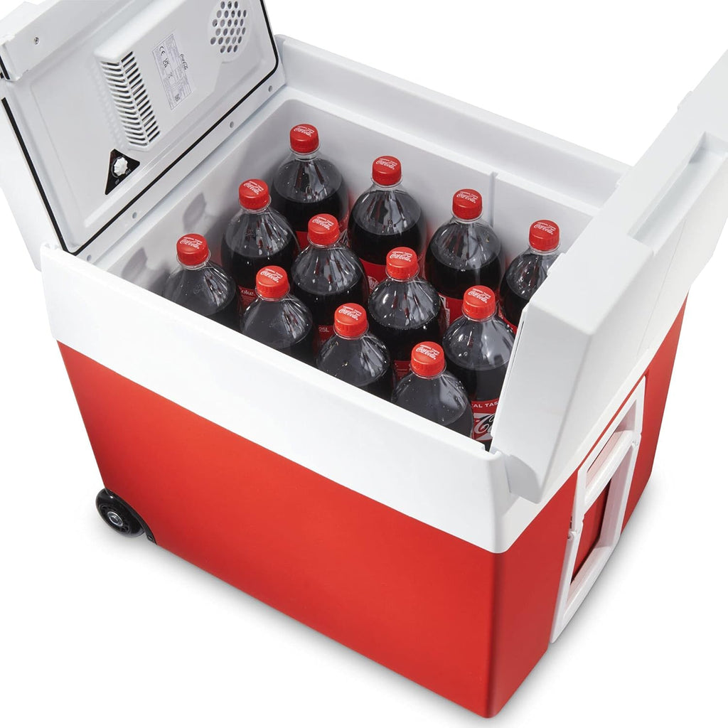 Mobicool MT48W AC/DC - elektrische Kühlbox mit Rollen passend für eine komplette Getrnkekiste / Bierkiste, 48 Liter, 12 V und 230 V für Auto, Lkw, Boot, Reisemobil und Steckdose, Blau