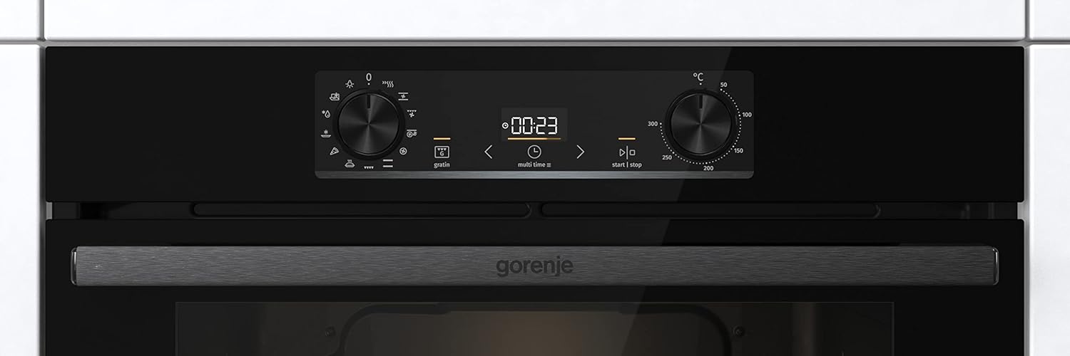 Gorenje 738971 Einbaubackofen-Set OptiBake Black Steam Pyro Set / 77L / Heißluft/Pyrolyse/ExtraSteam/GentleClose/AirFry/Pizzamode 300°C/PerfectGrill/Induktions-Kochfeld mit BridgeZone/schwarz