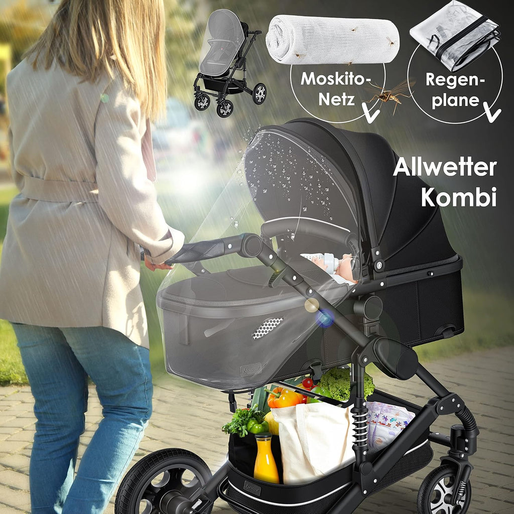 KESSER® Loops 3 in 1 Kinderwagen Kombikinderwagen Komplett-Set inkl. Babywanne & Buggy Sportsitz & Auto-Babyschale Voll-Gummireifen Wickeltasche Regenschutz Kindertisch ECE R129, Grau/Silber