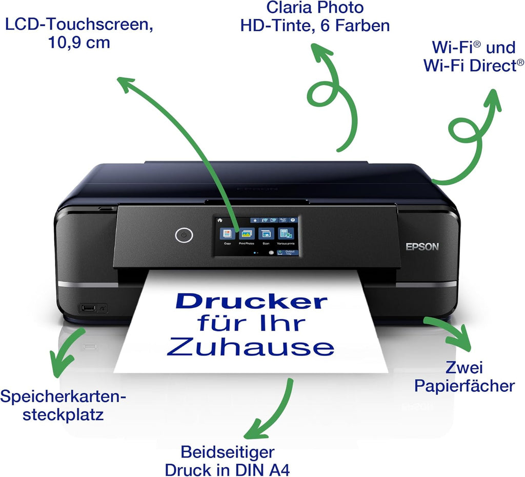 Epson Expression Photo XP-970 3-in-1 Tintenstrahl-Multifunktionsgerät Drucker (Scanner, Kopierer, WiFi, Ethernet, Duplex, 10,9 cm Touchscreen, Einzelpatronen, 6 Farben, DIN A3) schwarz, 10 x 15 cm