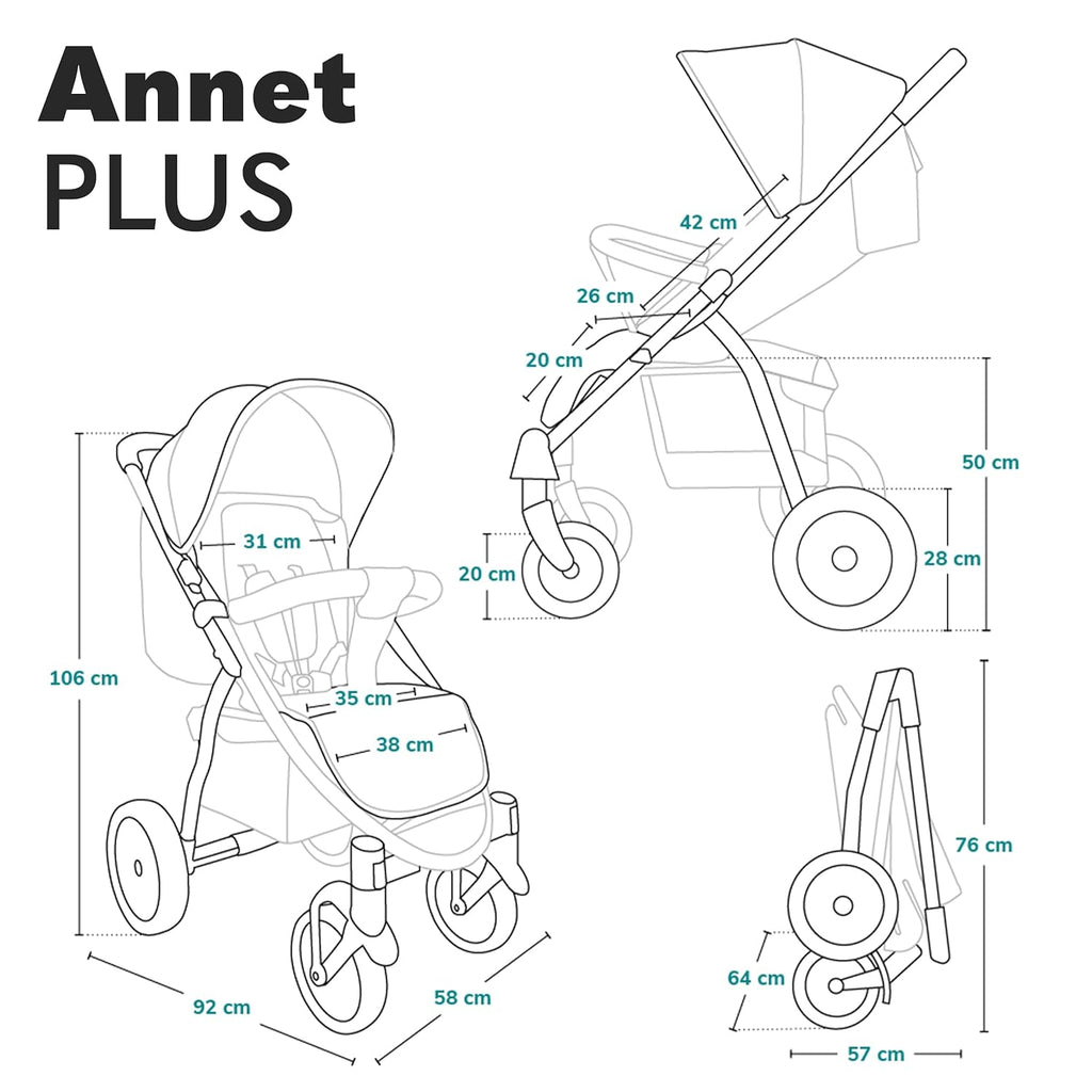 LIONELO Annet Plus Buggy bis 22 kg mit Liegefunktion, Kinderwagen klein zusammenklappbar mit Zubehör, Eva-Schaum-Räder, Moskitonetz, Fußdecke Getränkehalter, Korb