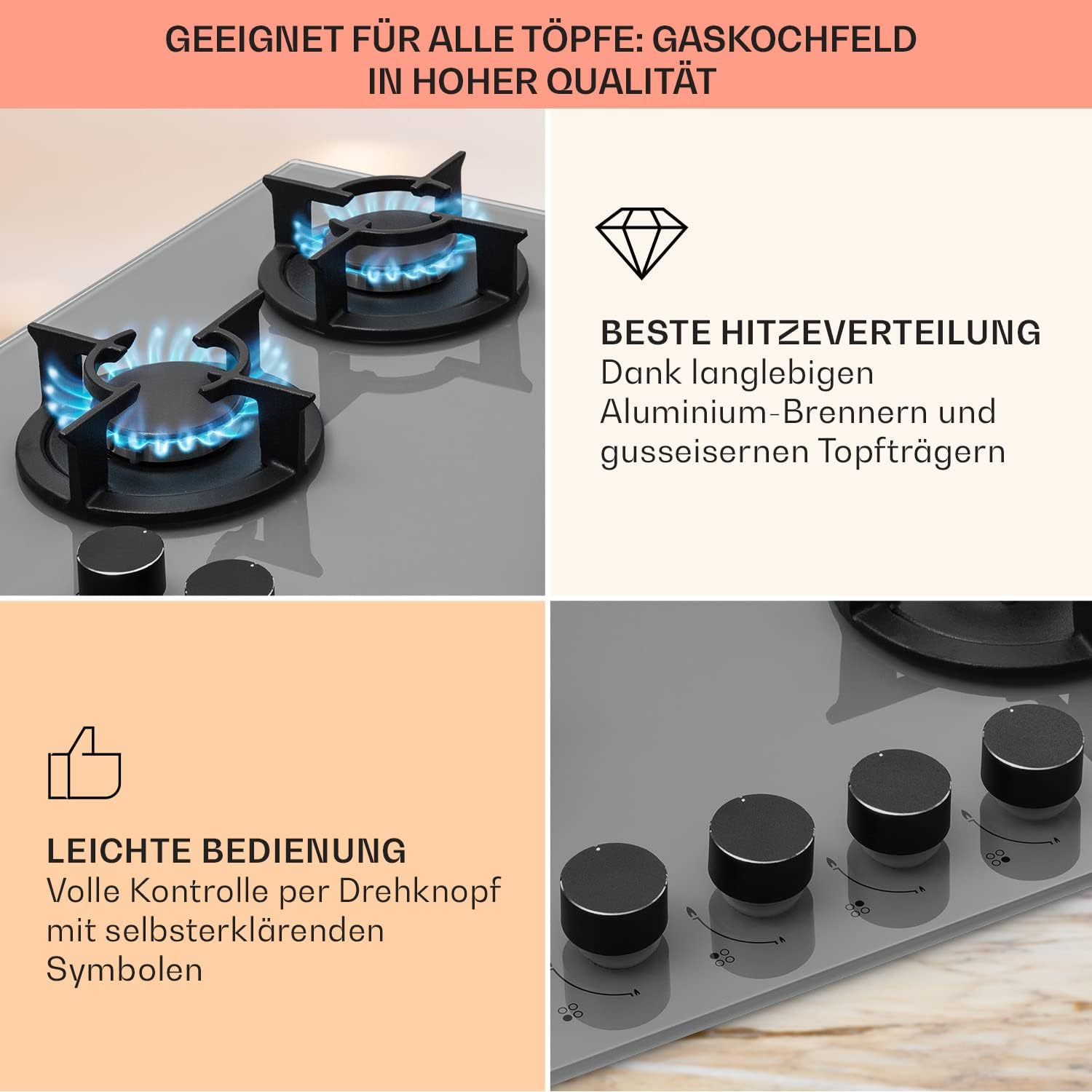 Klarstein Gasherd, Einbau-Gasherd für Propan Gasflasche, Gaskochfeld 4 Flammig, Gasherd für Küche, Camping & Wohnmobil, 8000 W Kochplatte, LPG Gaskocher, Herdplatte für Propangas, Edelstahl Gas-Herd
