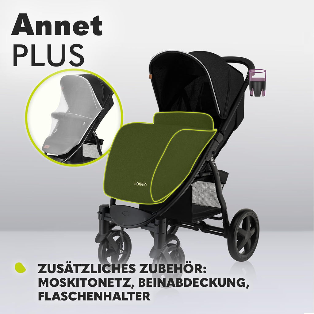 LIONELO Annet Plus Buggy bis 22 kg mit Liegefunktion, Kinderwagen klein zusammenklappbar mit Zubehör, Eva-Schaum-Räder, Moskitonetz, Fußdecke Getränkehalter, Korb
