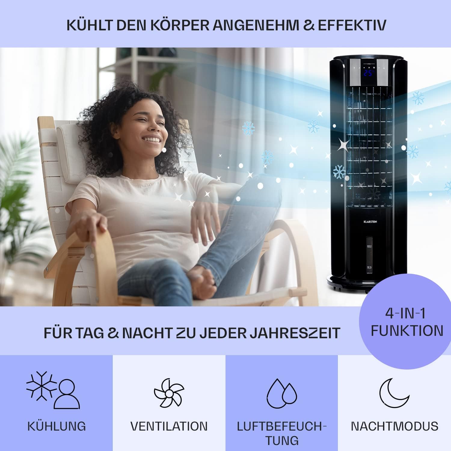 Klarstein Luftkühler mit Wasserkühlung, 4-in-1 Raumkühler, Luftbefeuchter, Ventilator & Nachtmodus, Mobile Klimageräte Luftkühler mit 3,5L Tank & Timer, 60W Air Cooler mit 486 m³/h Luftstrom