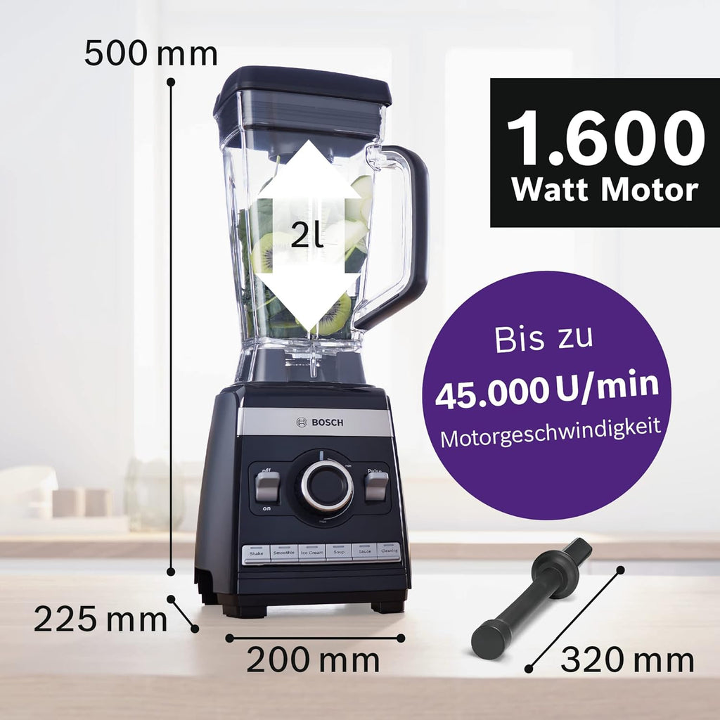 Bosch Standmixer VitaBoost MMBH6P6BDE, 6-Klingen-Edelstahlmesser, 2,5l Tritan-Mixbehlter, Stopfer, 6 Automatikprogramme, Rezeptbuch, BPA-frei, einfache Reinigung, 45,000 U/min, 1600 W, schwarz