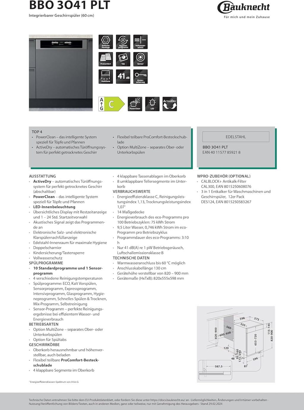 Bauknecht BUO 3O41 PLT X Unterbau-Geschirrspüler 60 cm /14 Maßgedecke /10 Standardprogramme und 1 Sensorprogramm/PowerClean/ActiveDry/Besteckschublade/Vollwasserschutz