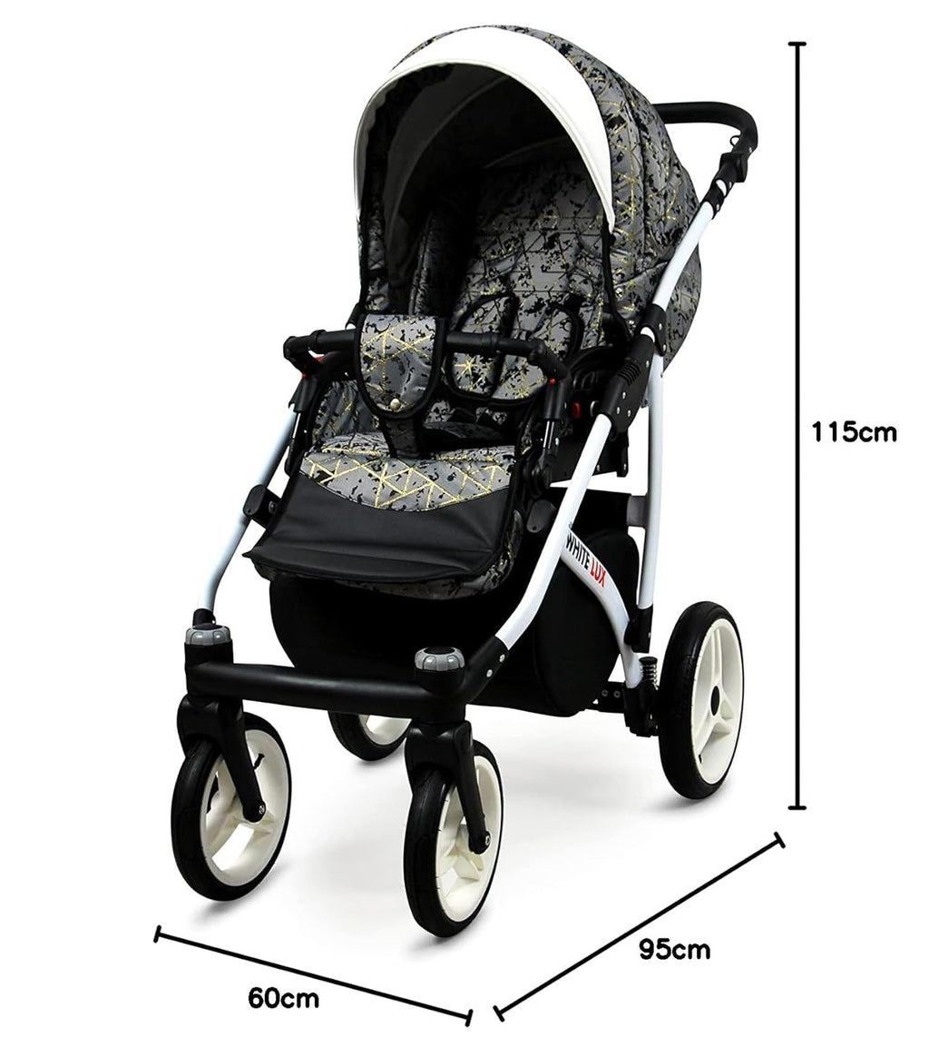 BabyLux® Bambimo Kinderwagen Set 3 in 1 - White Lux - incl. Babywanne, Buggy Sportsitz, Auto-Babyschale - Autositz - Kinderwagenset - Kombikinderwagen mit Wickeltasche, Regenschutz usw.