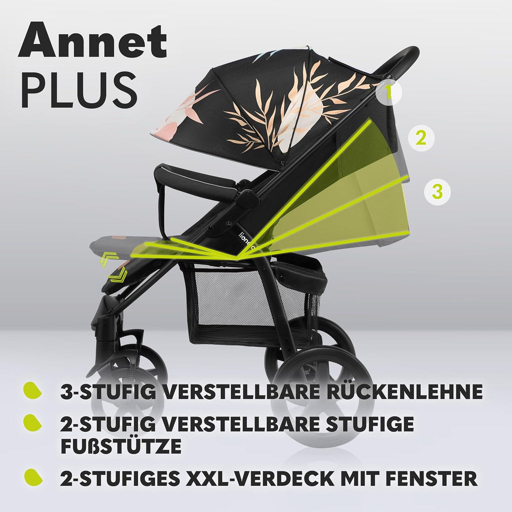 LIONELO Annet Plus Buggy bis 22 kg mit Liegefunktion, Kinderwagen klein zusammenklappbar mit Zubehör, Eva-Schaum-Räder, Moskitonetz, Fußdecke Getränkehalter, Korb