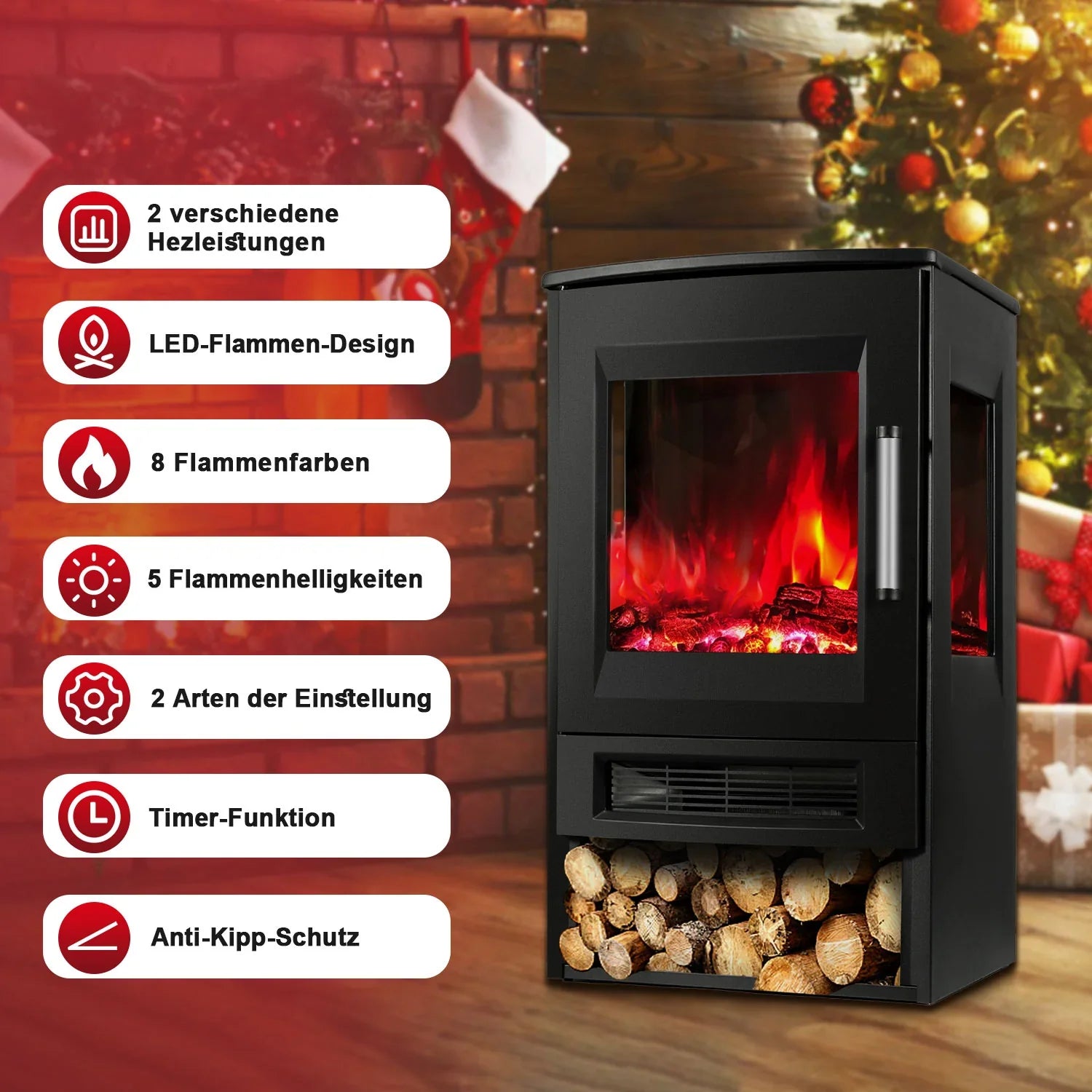 Sonnewelt Elektrokamin mit LED Flammenm WiFi Fernbedienung 900W/1800W