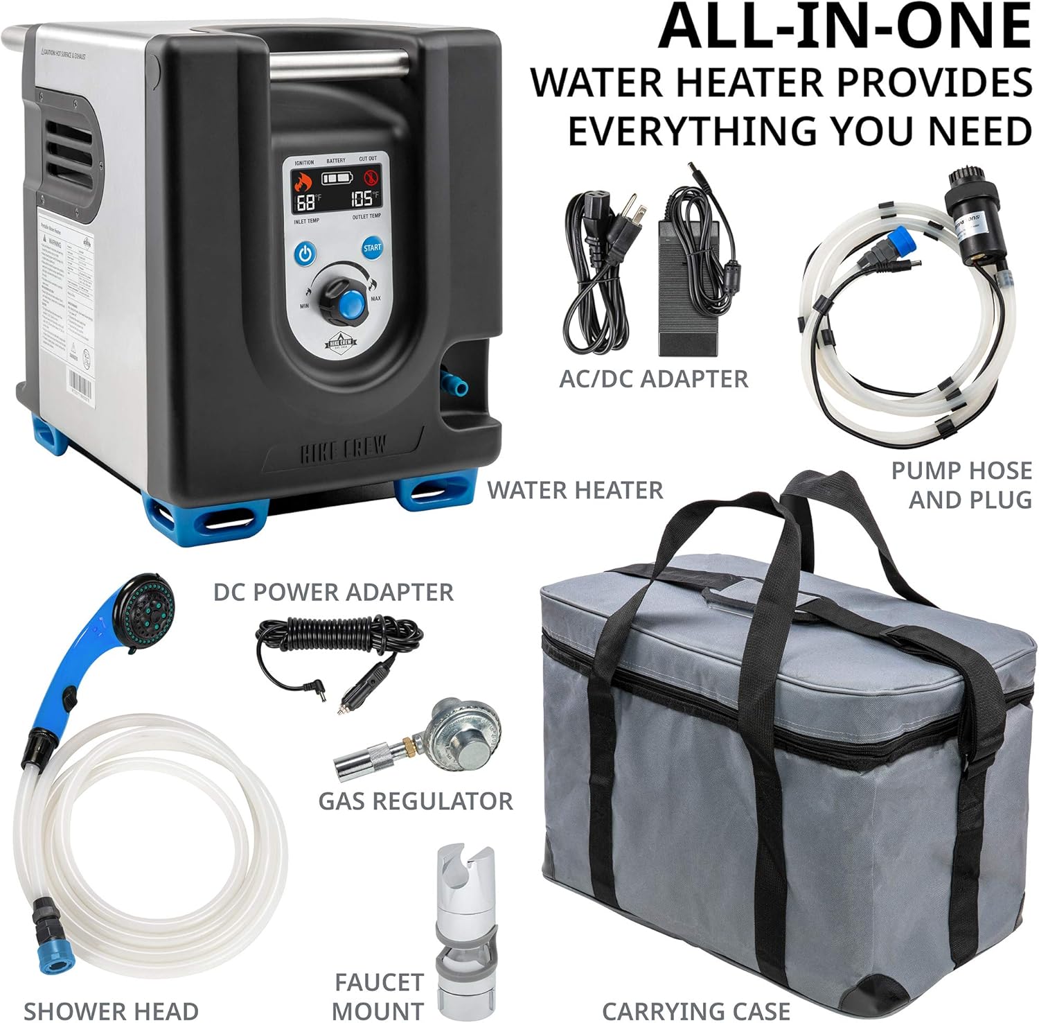 Tragbarer Propan-Warmwasserbereiter und Duschpumpe mit eingebauter Batterie | Kompaktes Outdoor-Reinigungs- und Duschsystem mit LCD, Sicherheitsabschaltung und Tragetasche, sofort heißes Wasser für Camping und Wandern