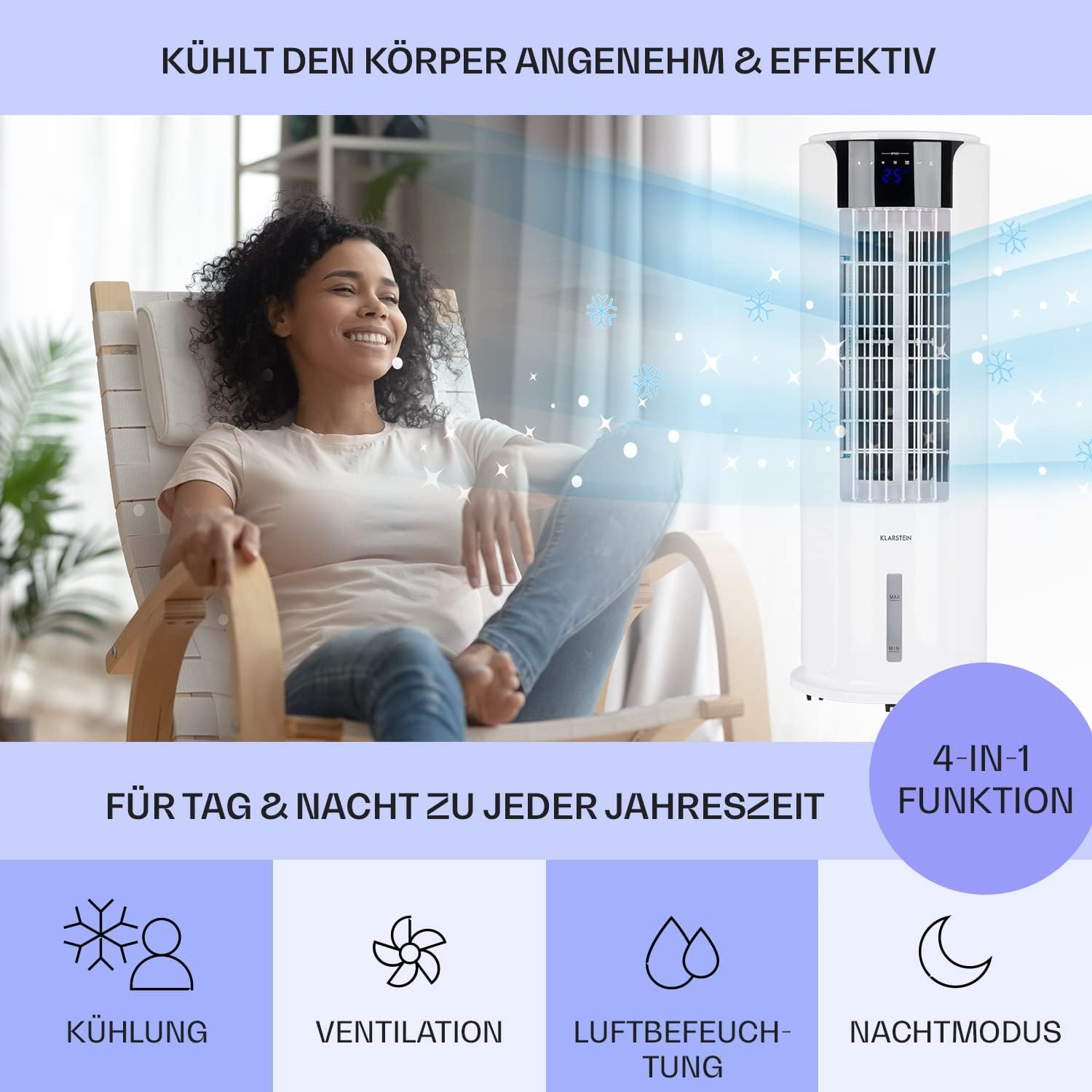 Klarstein Luftkühler mit Wasserkühlung, 4-in-1 Raumkühler, Luftbefeuchter, Ventilator & Nachtmodus, Mobile Klimageräte Luftkühler mit 3,5L Tank & Timer, 60W Air Cooler mit 486 m³/h Luftstrom