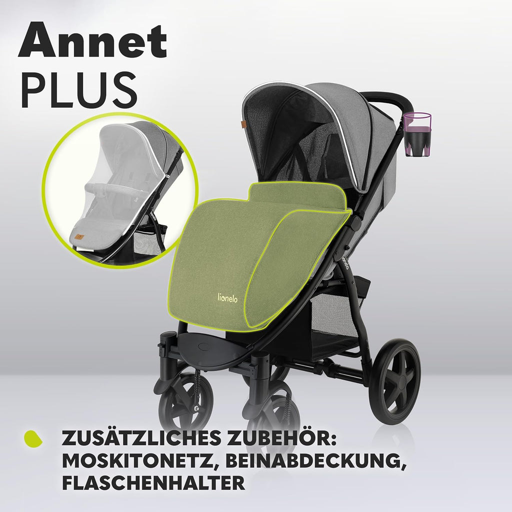 LIONELO Annet Plus Buggy bis 22 kg mit Liegefunktion, Kinderwagen klein zusammenklappbar mit Zubehör, Eva-Schaum-Räder, Moskitonetz, Fußdecke Getränkehalter, Korb