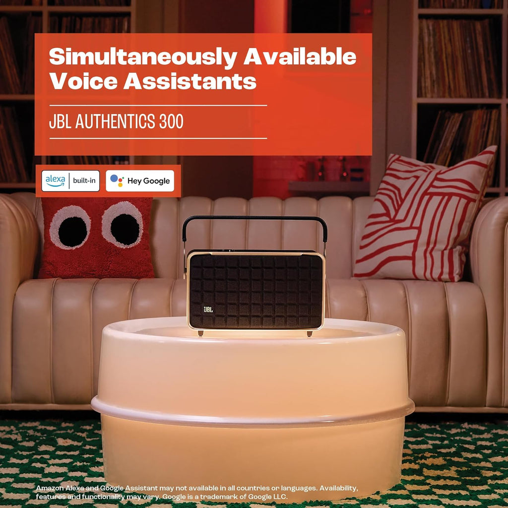 JBL Authentics 200 Smart Home Lautsprecher – 70er Jahre Retro-Design Bluetooth Box – Mit Quadrex Grill, Google Assistant, Alexa, AirPlay und JBL One App – Schwarz