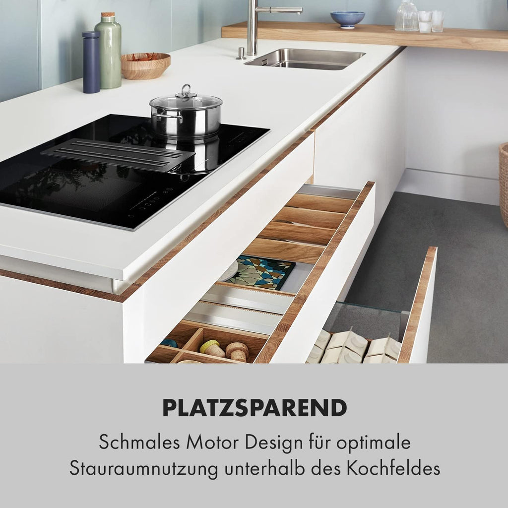 Klarstein 2-in-1 Induktionskochfeld mit Dunstabzug, Induktionskochfeld mit Abluft & Ventilator, 4-Zonen-Kochfeld, Glaskeramik-Einbauherd, Kochfeld mit Dunstabzug, Energieklasse A, 654m³/h Luftstrom