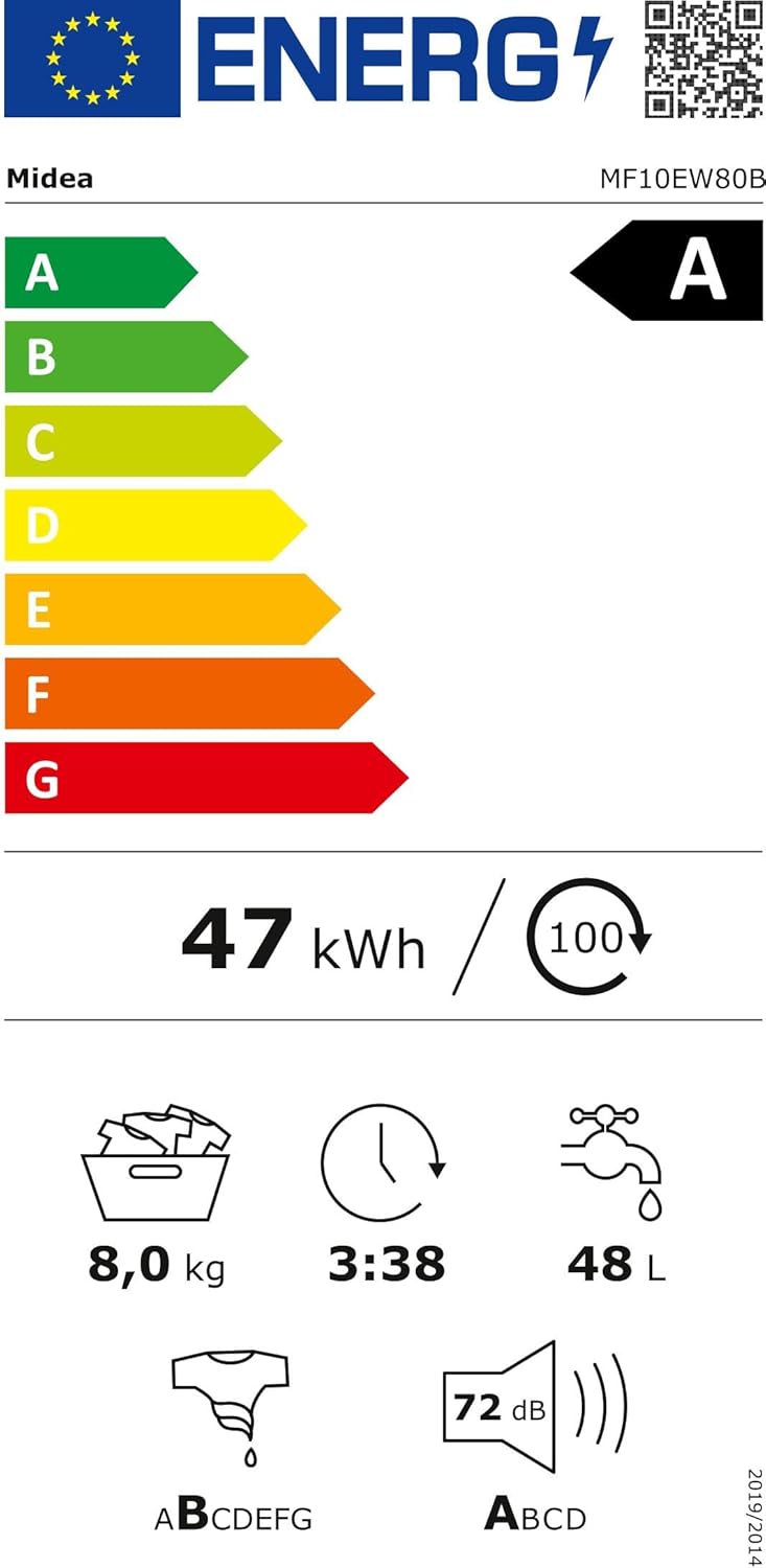 Midea MF10EW80B Waschmaschine / 8kg / 1400 U/Min/EEK A/Inverter Quattro Moto/Dampffunktion/Grosse Trommel/Slim Design/Nachlegefunktion/Kindersicherung/AquaStop, Weiß