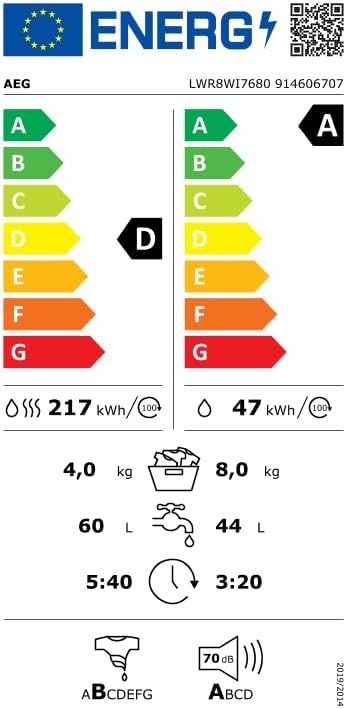 AEG L7WBA60680 Waschtrockner / DualSense - schonende Pflege / 8 kg Waschen / 5 kg Trocknen / D / energiesparend / Mengenautomatik / Nachlegefunktion / ProSteam - Auffrischfunktion / 1600 U/min Weiß