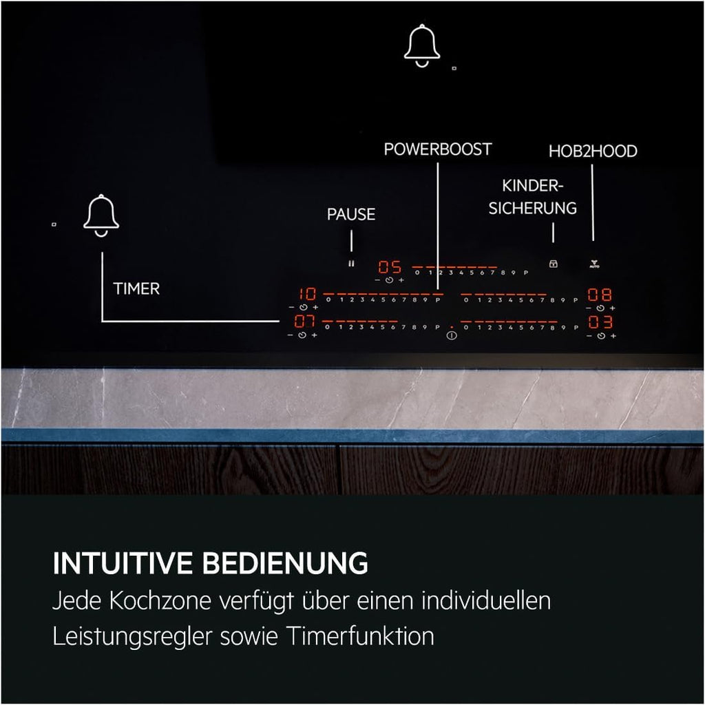 AEG Induktionskochfeld autark 80cm mit Dunstabzug / Made in Germany / 4 Flex-Kochzonen mit Bridge (Kombination 2er Zonen) / Auto-Funktion des Dunstabzugs / Aktivkohlefilter / COLI84COXB