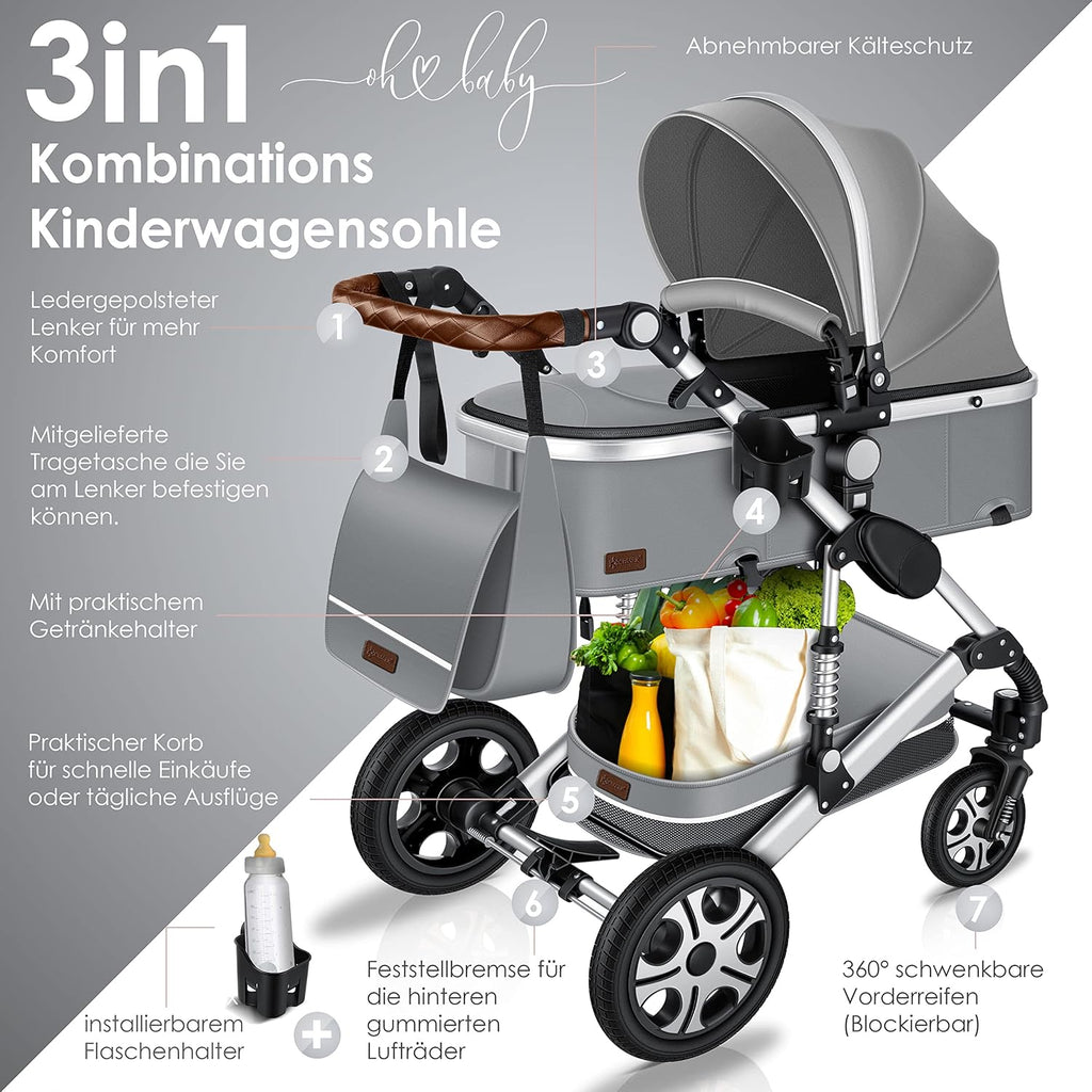 KESSER® Loops 3 in 1 Kinderwagen Kombikinderwagen Komplett-Set inkl. Babywanne & Buggy Sportsitz & Auto-Babyschale Voll-Gummireifen Wickeltasche Regenschutz Kindertisch ECE R129, Grau/Silber