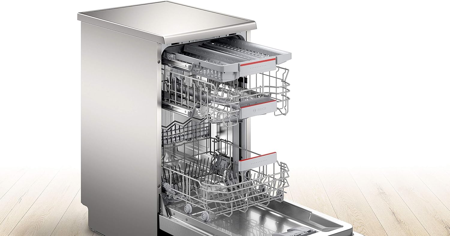 Bosch SPS4HMI61E Serie 4 Freistehender Geschirrspüler / E / 45 cm / Edelstahl / 76 kWh/100 Zyklen / 10 MGD / SuperSilence / Extra Trocknen / VarioSchublade / Home Connect