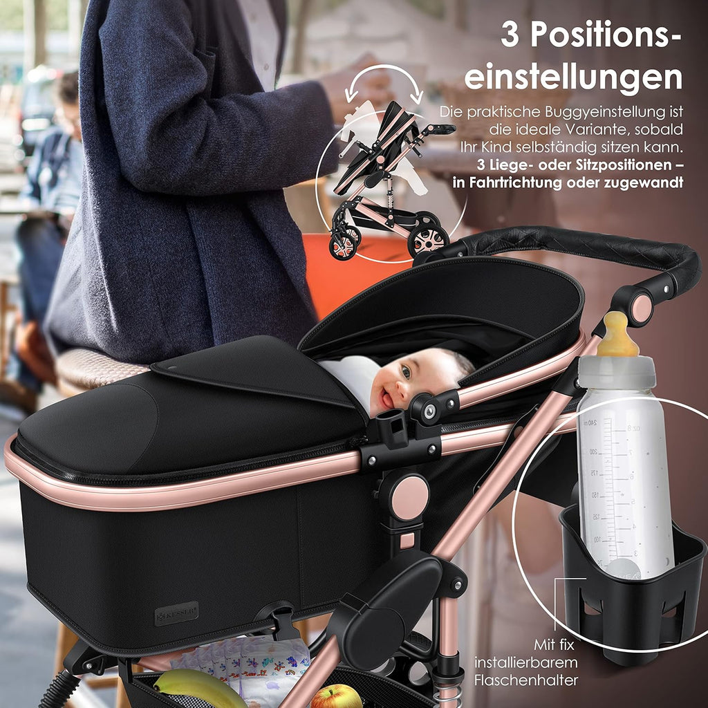 KESSER® Loops 3 in 1 Kinderwagen Kombikinderwagen Komplett-Set inkl. Babywanne & Buggy Sportsitz & Auto-Babyschale Voll-Gummireifen Wickeltasche Regenschutz Kindertisch ECE R129, Grau/Silber