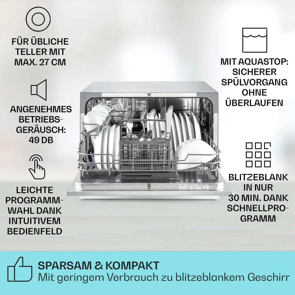 Klarstein  ia 8 - Spülmaschine, Geschirrspüler, Freistehend, Teilintegriert, F, 55 cm breit, 8 Maßgedecke, 6 Programme, Aquastop, silber
