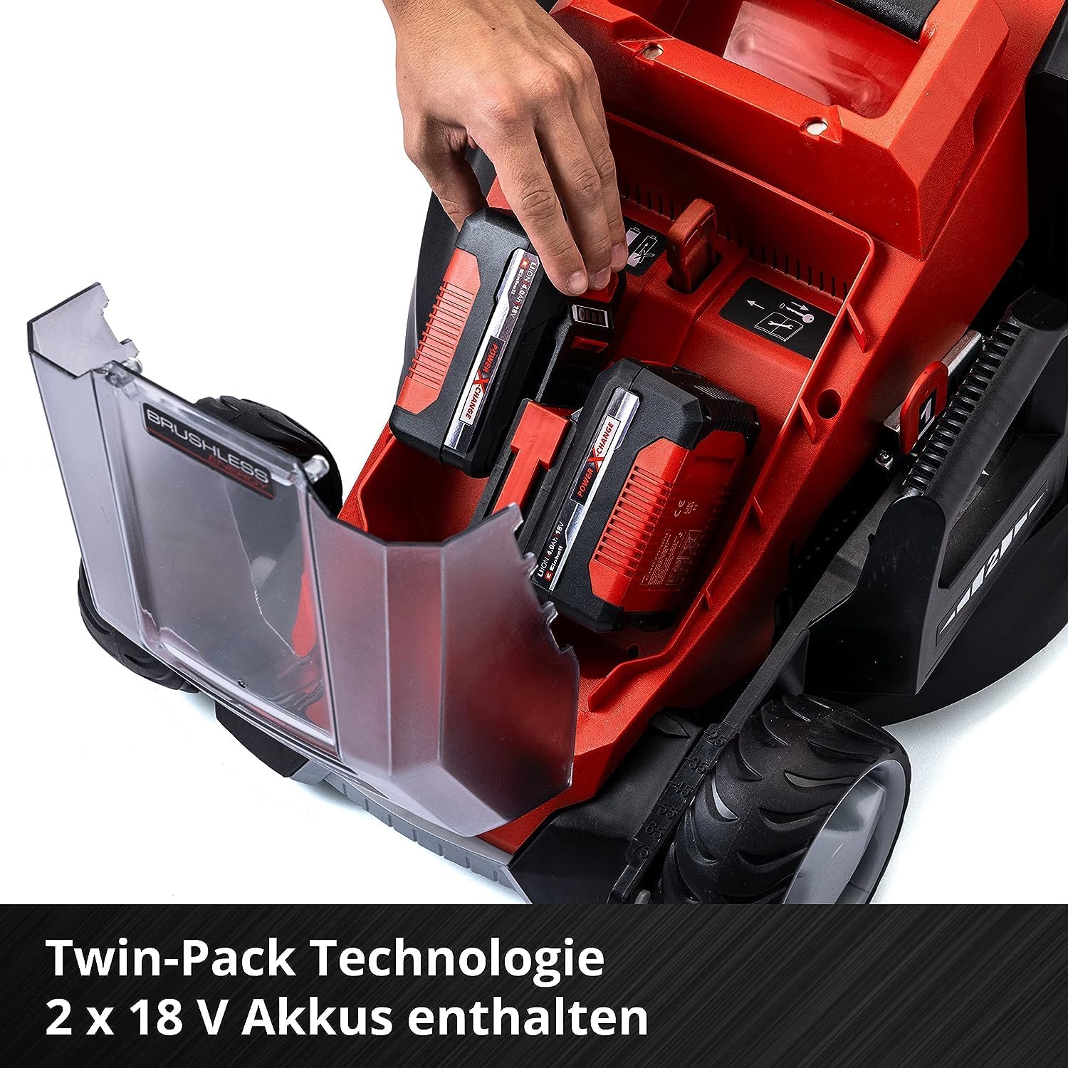 Einhell Akku-Rasenmäher GE-CM 36/36 Li Kit Power X-Change (36 V, 36 cm Schnittbreite, bis 400 m², Brushless, 40L Fangkorb, 25-75 mm Schnitthöhe, inkl. 2x 4,0 Ah Akku + 2x Ladegerät)