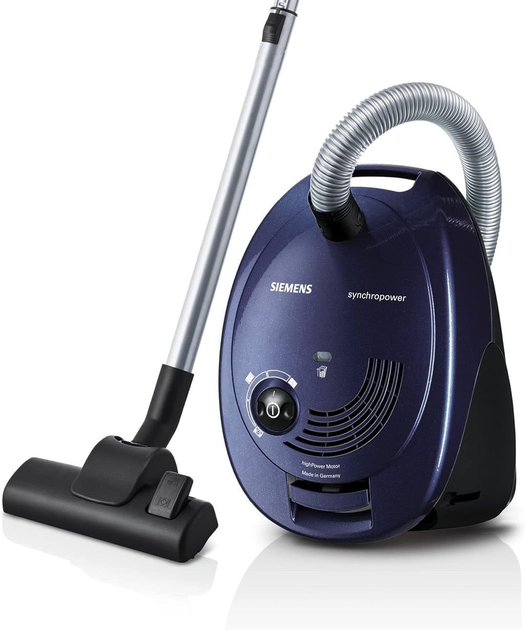 Siemens Staubsauger mit Beutel synchropower VS06A111, Bodenstaubsauger, Hygiene-Filter, Bodendüse für Hartboden und Teppich, starke Saugleistung, langes Kabel, Fugendüse, 600 W, blau