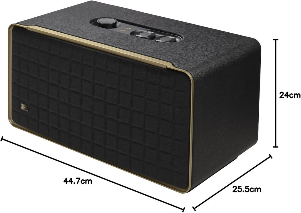 JBL Authentics 200 Smart Home Lautsprecher – 70er Jahre Retro-Design Bluetooth Box – Mit Quadrex Grill, Google Assistant, Alexa, AirPlay und JBL One App – Schwarz