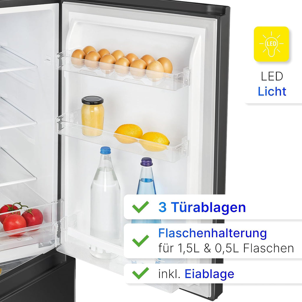 Bomann Fridge-Freezer KG 320.2, 143 cm High, Fridge-Freezer with 175 Litre Capacity, 3 Shelves and 3 Drawers, Door Stop Replaceable, Quiet Fridge-Freezer 39 dB, Black