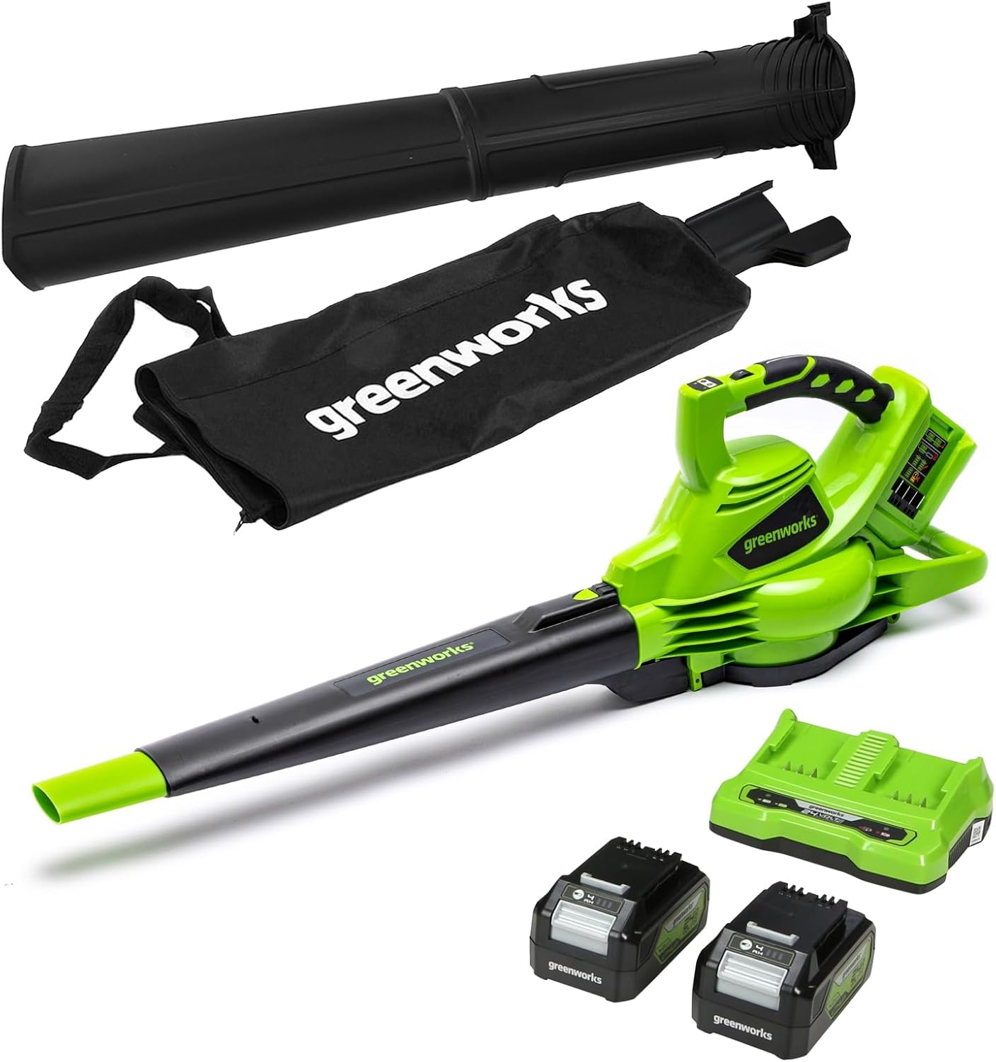 Greenworks 48V(2x24V) Akku Laubsauger / Laubblser mit Schultergurt, bürstenloser Motor, 322 km/h, 9 m/min, 45L Fangsack, zwei 4Ah Batterien & Ladegert, 3 Jahre Garantie GD24X2BVK4X