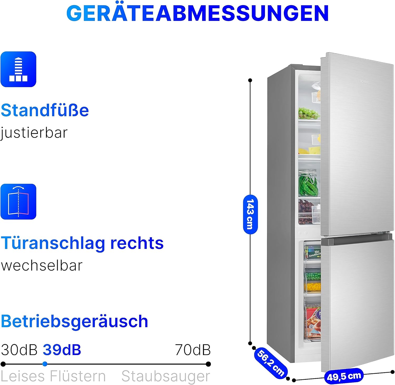 Bomann Fridge-Freezer KG 320.2, 143 cm High, Fridge-Freezer with 175 Litre Capacity, 3 Shelves and 3 Drawers, Door Stop Replaceable, Quiet Fridge-Freezer 39 dB, Black