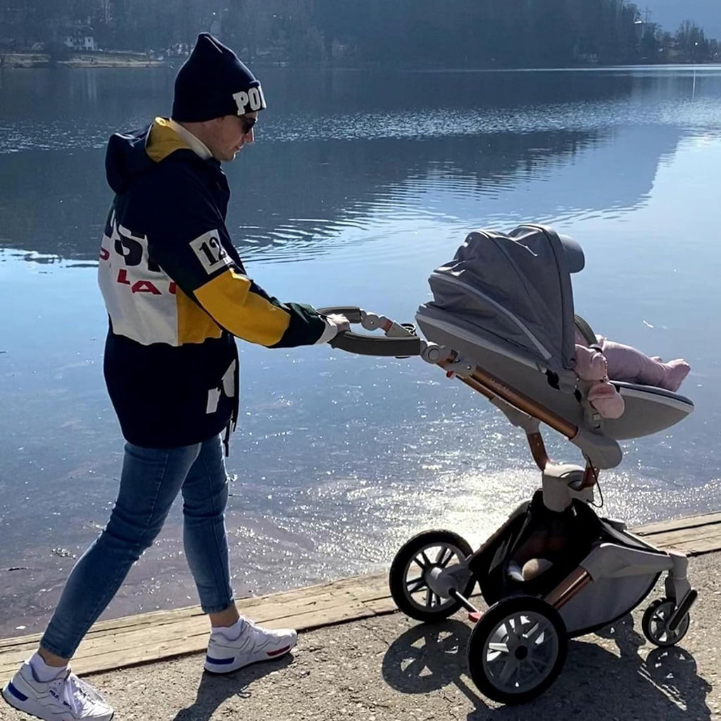 Hot Mom Kinderwagen set mit 360° Drehfunktion, Kombikinderwagen 3-in-1. Ausgestattet mit PU-Reifen und Kunstledersitz und viele weitere Zubehören, Dunkelgrau