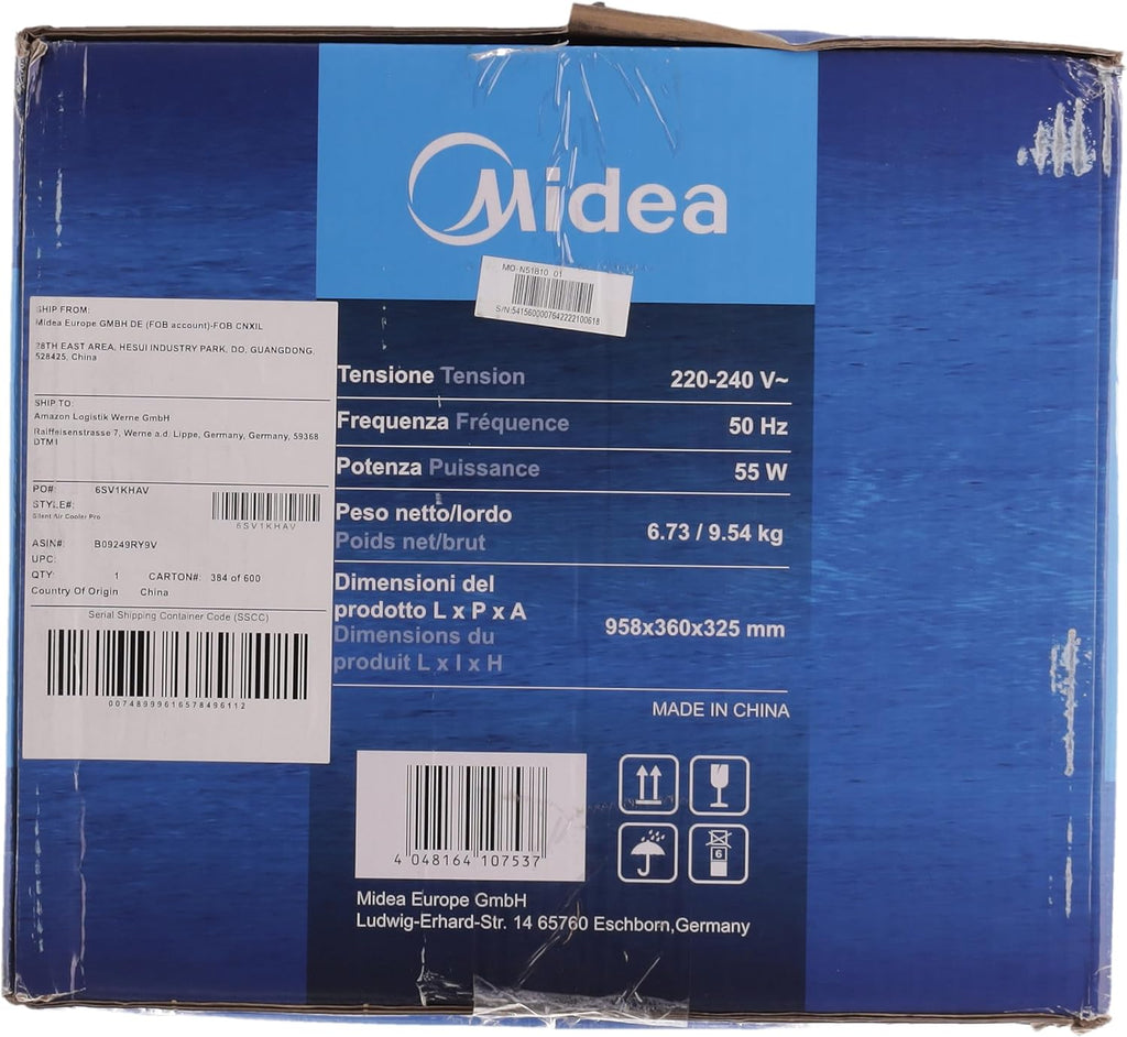 Midea Luftkühler mit Wasserkühlung, Klimaanlage Mobil, Ventilator mit 5L Wasserkühlung, Luftbefeuchter und Ionisation, Klimaanlage Ohne Abluftschlauch, 355m/h, Ventilator mit Fernbedienung,55W,Wei