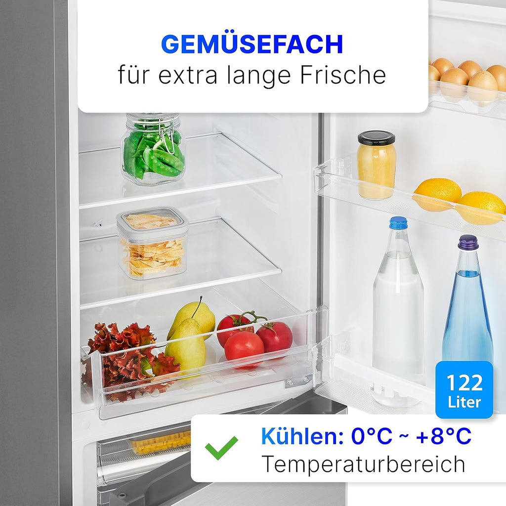 Bomann Fridge-Freezer KG 320.2, 143 cm High, Fridge-Freezer with 175 Litre Capacity, 3 Shelves and 3 Drawers, Door Stop Replaceable, Quiet Fridge-Freezer 39 dB, Black