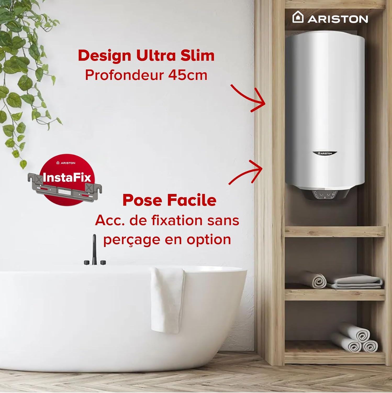 PRO1 ECO 80L - Chauffe-eau Electrique Vertical Mural Ø450 mm - Intelligent Fonction ECO - Classe B - Conçu et fabriqué pour être installé en France