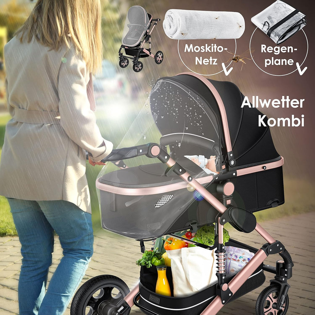 KESSER® Loops 3 in 1 Kinderwagen Kombikinderwagen Komplett-Set inkl. Babywanne & Buggy Sportsitz & Auto-Babyschale Voll-Gummireifen Wickeltasche Regenschutz Kindertisch ECE R129, Schwarz/Champagne