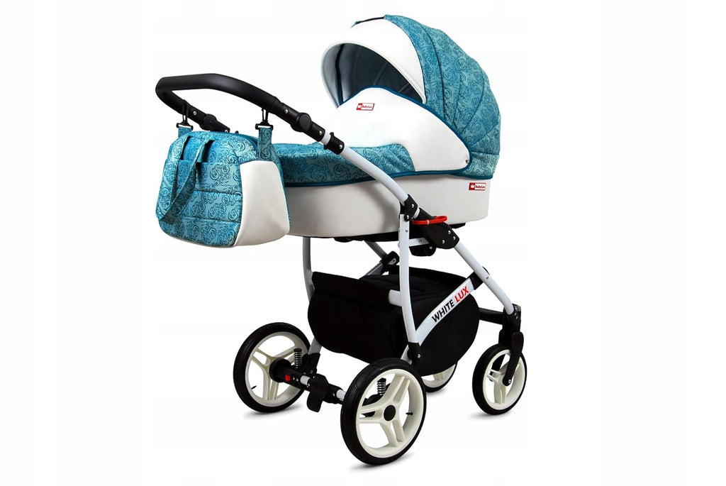 BabyLux® Bambimo Kinderwagen Set 3 in 1 - White Lux - incl. Babywanne, Buggy Sportsitz, Auto-Babyschale - Autositz - Kinderwagenset - Kombikinderwagen mit Wickeltasche, Regenschutz usw.