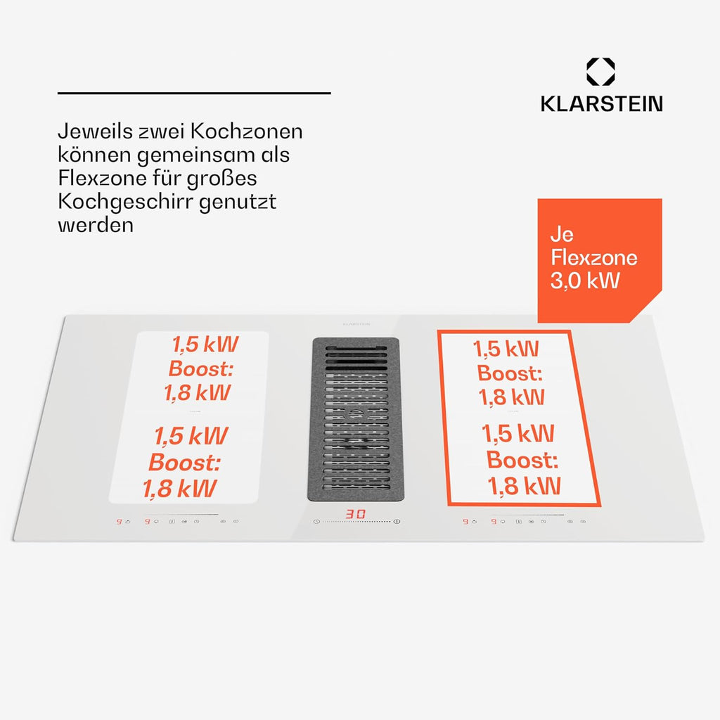 Klarstein 2-in-1 Induktionskochfeld mit Dunstabzug, Induktionskochfeld mit Abluft & Ventilator, 4-Zonen-Kochfeld, Glaskeramik-Einbauherd, Kochfeld mit Dunstabzug, Energieklasse A, 654m³/h Luftstrom