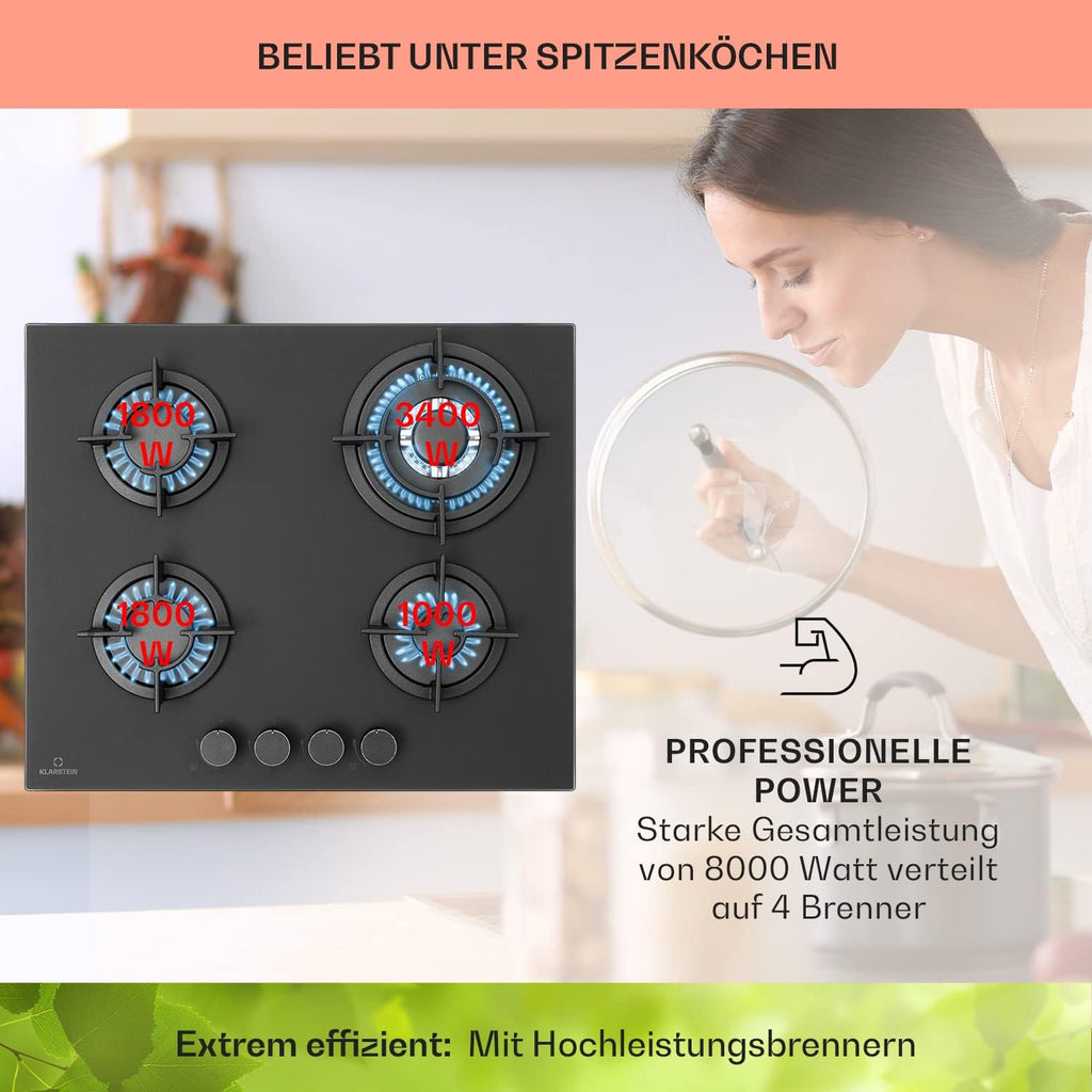 Klarstein Gasherd, Einbau-Gasherd für Propan Gasflasche, Gaskochfeld 4 Flammig, Gasherd für Küche, Camping & Wohnmobil, 8000 W Kochplatte, LPG Gaskocher, Herdplatte für Propangas, Edelstahl Gas-Herd