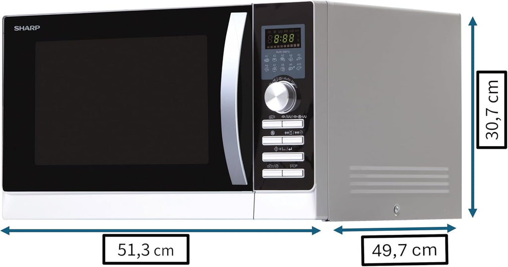 Sharp R843INW 4-in-1 Mikrowelle mit Heiluft, Grill und Konvektion/ 25 L/ 800 W/ 1000 W Infrarotgrill/ 2500 Konvection/ 10 Automatikprogramme/ Pizza-Programm/ Metalldrehteller (30 cm)/ silber