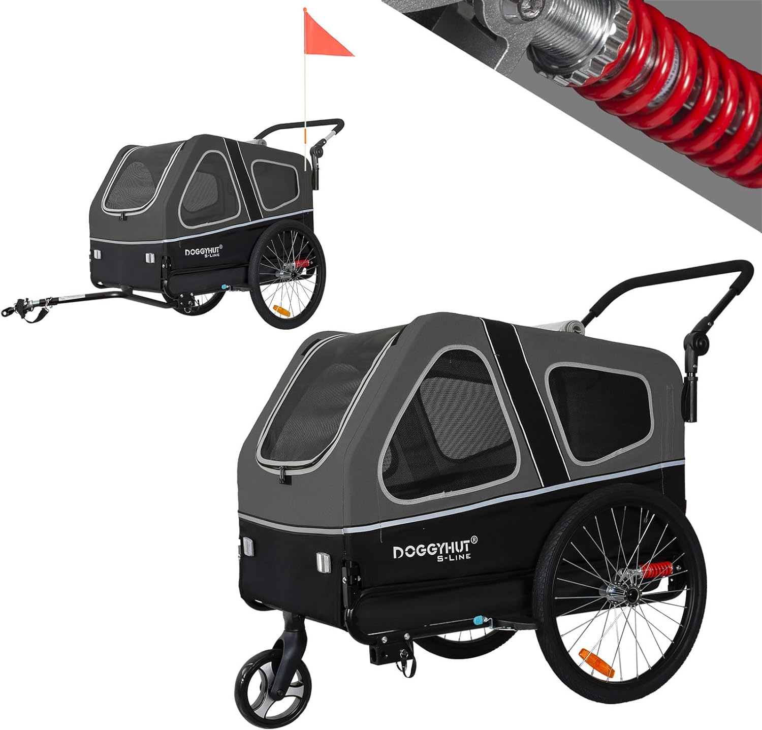 Doggyhut S-Line XL Hundeanhänger & Hundebuggy mit Federung 2 in 1 Hunde Fahrradanhänger Jogger gefedert bis 45 kg